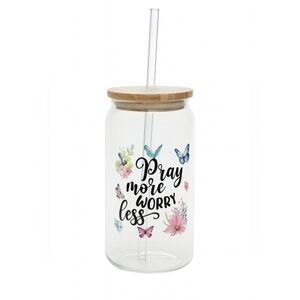 16oz Handmade Glass Tumbler – “Pray More Worry Less” with Bamboo Lid and Straw